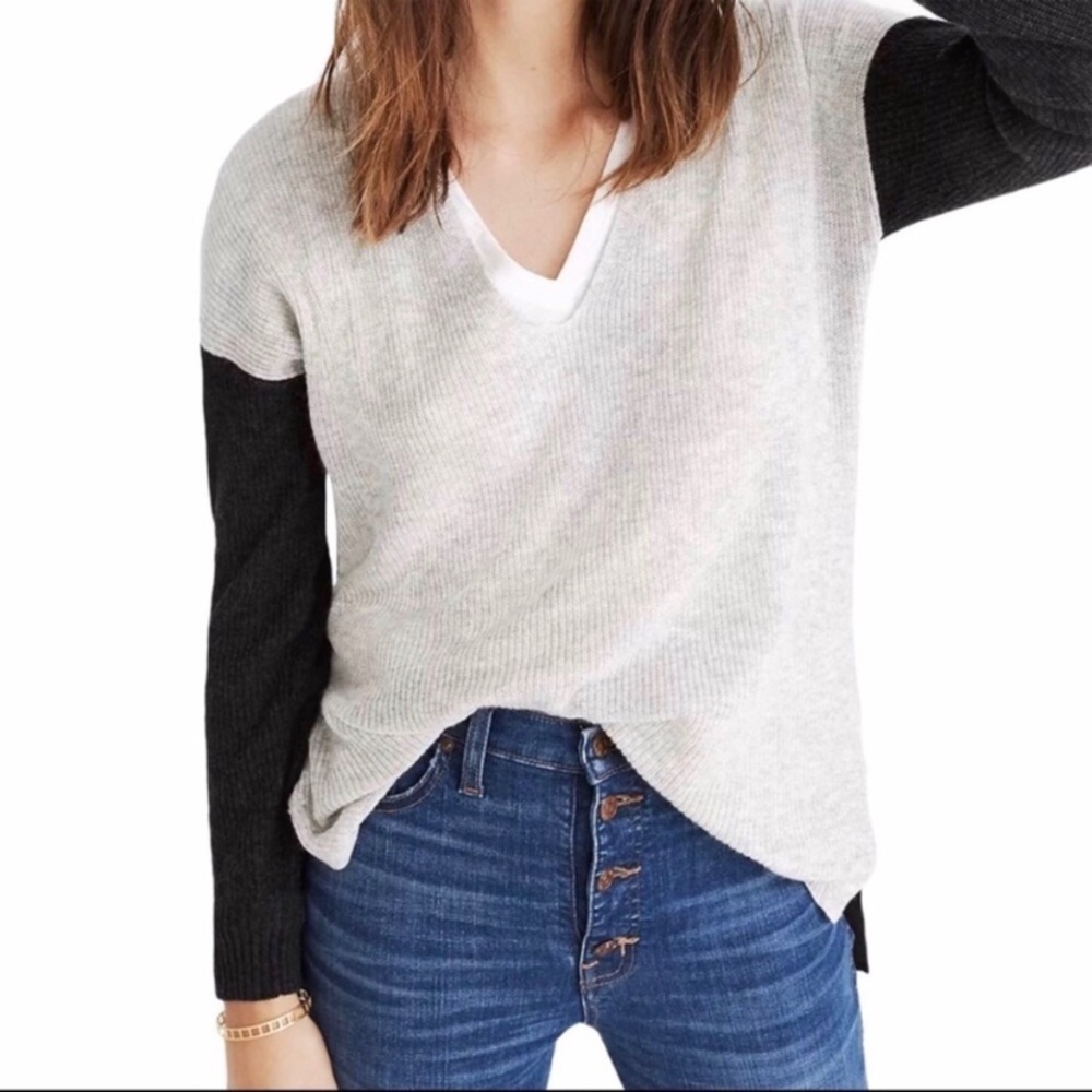 Madewell Warmlight V Neck Colorblock Sweater Knit Gray Size XXS Style H4026